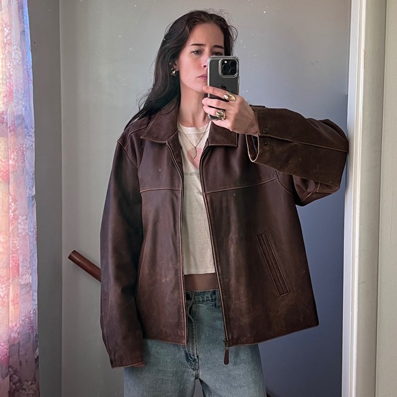 Vintage Leather Bomber Jacket Brown Faded Distressed Oversized Boxy Zip Coat - Picture 5 of 10